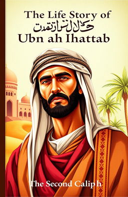 A historically inspired book cover for "The Life Story of Umar ibn al-Khattab", focusing on the second caliph known for his strength, intelligence, and fierce determination