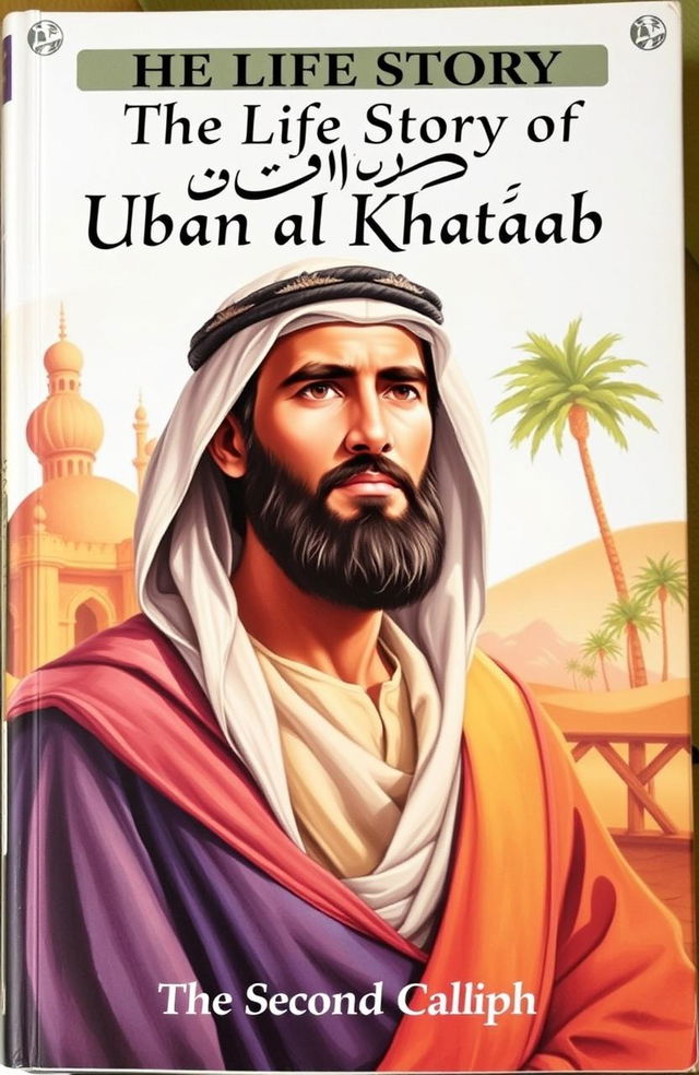 A historically inspired book cover for "The Life Story of Umar ibn al-Khattab", focusing on the second caliph known for his strength, intelligence, and fierce determination