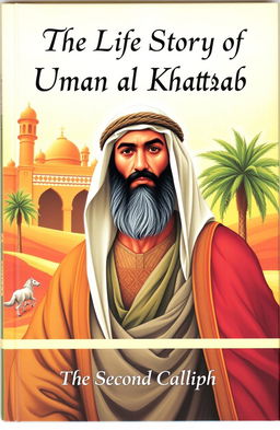 A historically inspired book cover for "The Life Story of Umar ibn al-Khattab", focusing on the second caliph known for his strength, intelligence, and fierce determination