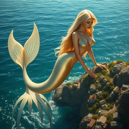 A magnificent and sexy blonde mermaid, 300 meters tall, in a gleaming bikini, gracefully crouched as she assists a miniature coastal village below in a sensual manner