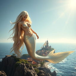 A magnificent and sexy blonde mermaid, 300 meters tall, in a gleaming bikini, gracefully crouched as she assists a miniature coastal village below in a sensual manner