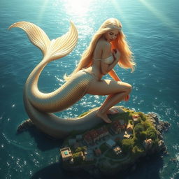 A magnificent and sexy blonde mermaid, 300 meters tall, in a gleaming bikini, gracefully crouched as she assists a miniature coastal village below in a sensual manner