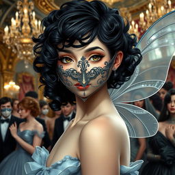 A hyper-realistic portrait of the prettiest fairy young adult girl showcasing her charming, short curly black hair and luminous pale skin, adding a touch of whimsical elegance