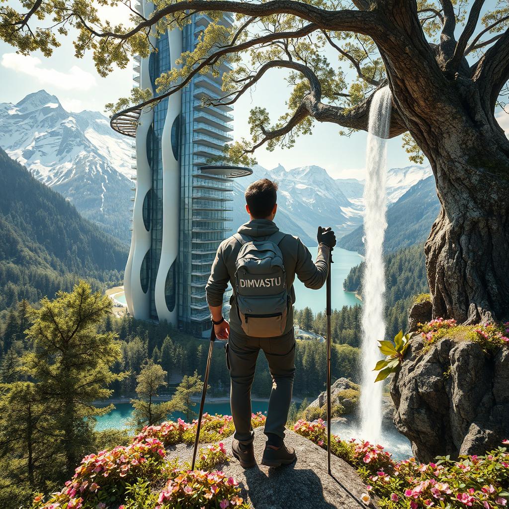 A close-up view of an architect leaning on trekking poles on a flower-covered rock under a tree with dense foliage and large flowers