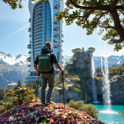 A close-up view of an architect leaning on trekking poles on a flower-covered rock under a tree with dense foliage and large flowers