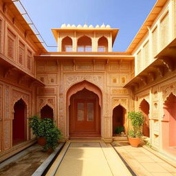 A traditional, intricately designed Indian Desi house with vibrant colors, ornate decorations, and a welcoming courtyard.