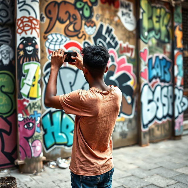 A tall, thin young man with brown skin stands with his back turned, holding a phone up to take a picture of an intriguing wall