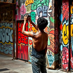 A tall, thin young man with brown skin stands with his back turned, holding a phone up to take a picture of an intriguing wall