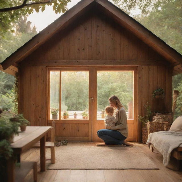 A warm scene depicting a joyful mother and her son in a cosy wood house surrounded by nature.