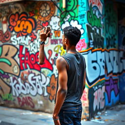 A tall, thin young man with brown skin stands with his back turned, holding a phone up to take a picture of an intriguing wall