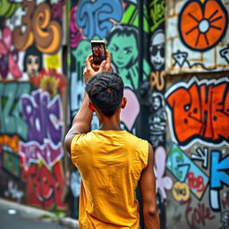 A tall, thin young man with brown skin stands with his back turned, holding a phone up to take a picture of an intriguing wall