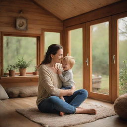 A warm scene depicting a joyful mother and her son in a cosy wood house surrounded by nature.