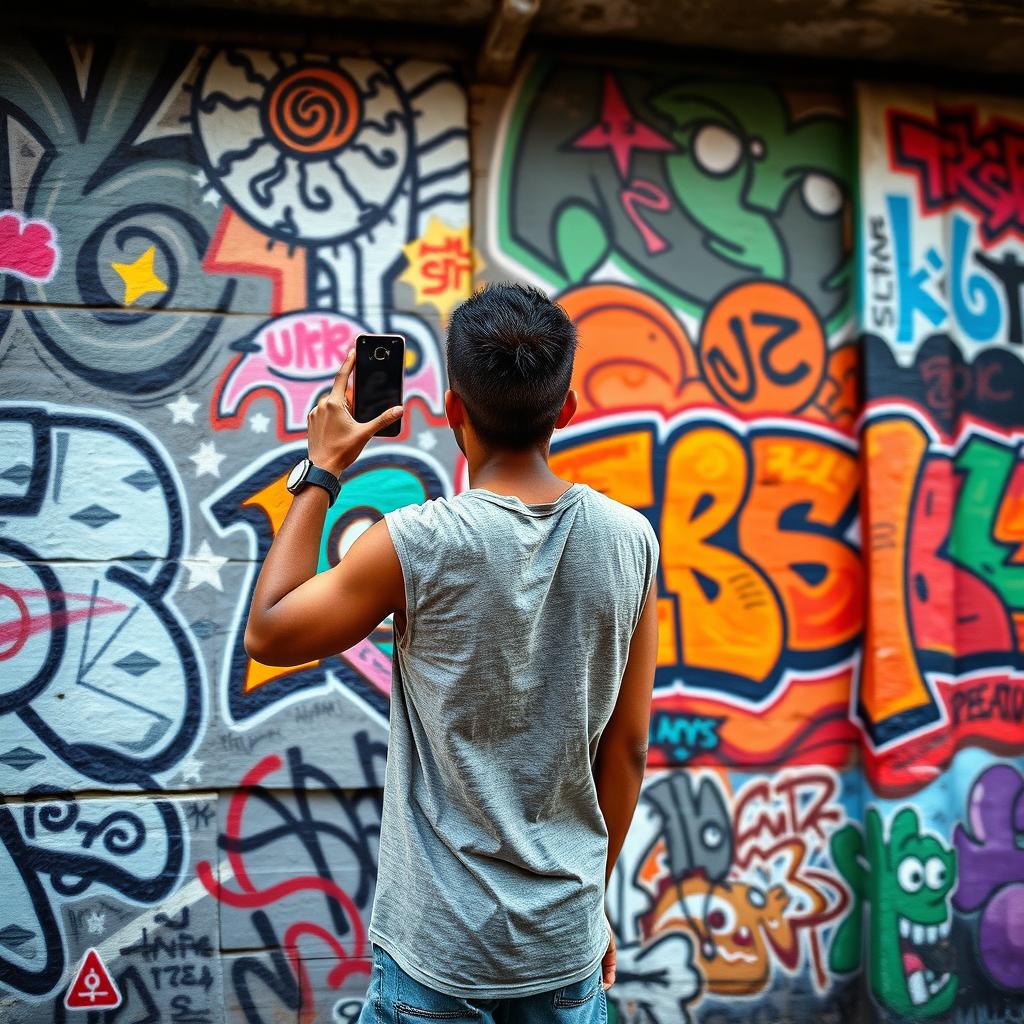 A tall, thin young man with brown skin stands with his back turned, holding a phone up to capture a picture of a captivating wall