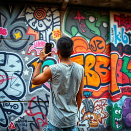 A tall, thin young man with brown skin stands with his back turned, holding a phone up to capture a picture of a captivating wall