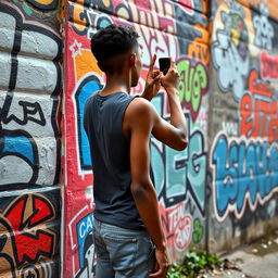 A tall, thin young man with brown skin stands with his back turned, holding a phone up to capture a picture of a captivating wall