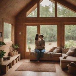 A warm scene depicting a joyful mother and her son in a cosy wood house surrounded by nature.