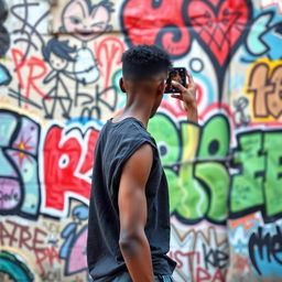 A tall, thin young man with brown skin stands with his back turned, holding a phone up to capture a picture of a captivating wall