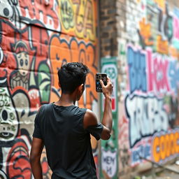 A tall, thin young man with brown skin stands with his back turned, holding a phone up to capture a picture of a captivating wall