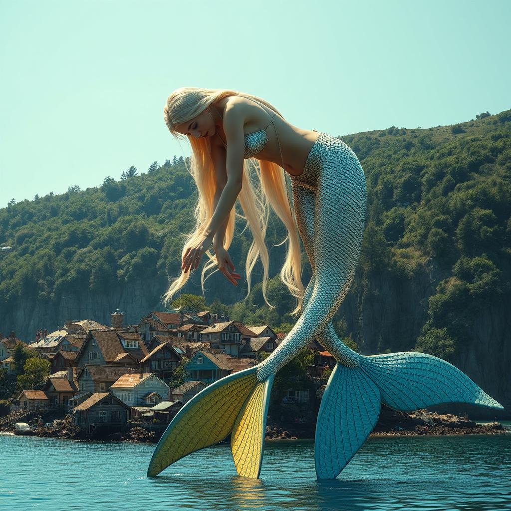 A colossal 300-meter tall blonde mermaid in a bikini, leaning down in a sexy manner to assist a tiny village