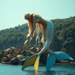 A colossal 300-meter tall blonde mermaid in a bikini, leaning down in a sexy manner to assist a tiny village