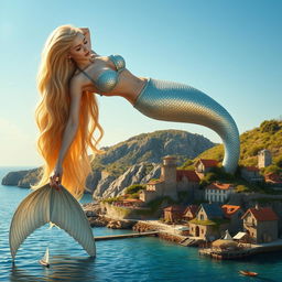 A colossal 300-meter tall blonde mermaid in a bikini, leaning down in a sexy manner to assist a tiny village