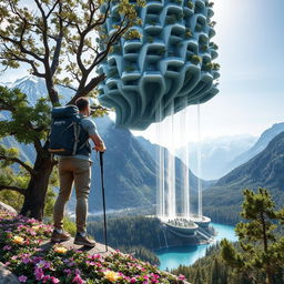 A close-up of an architect standing on a flower-covered rock under a tree with dense foliage and large flowers