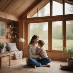 A warm scene depicting a joyful mother and her son in a cosy wood house surrounded by nature.