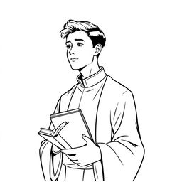 young priest, wearing traditional cassock, holding a Bible, expression of serenity, line art style