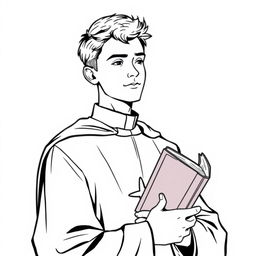 young priest, wearing traditional cassock, holding a Bible, expression of serenity, line art style