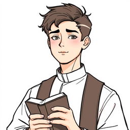 young priest, wearing traditional cassock, holding a Bible, expression of serenity, line art style