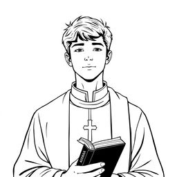 young priest, wearing traditional cassock, holding a Bible, expression of serenity, line art style