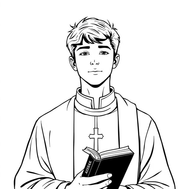 young priest, wearing traditional cassock, holding a Bible, expression of serenity, line art style