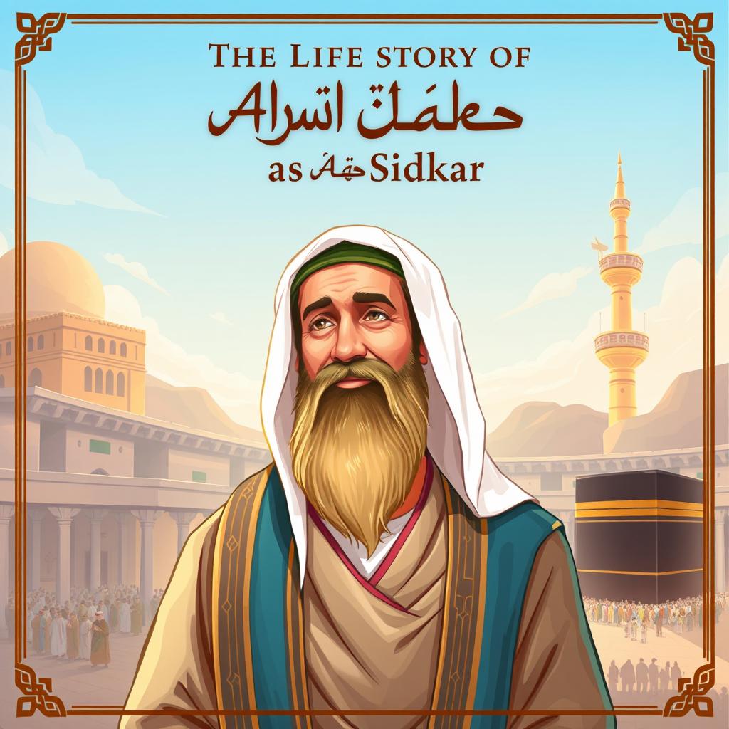 Cover illustration for 'The Life Story of Abu Bakr as-Siddiq', portraying Abu Bakr, the first caliph, symbolizing honesty, kindness, and intelligence