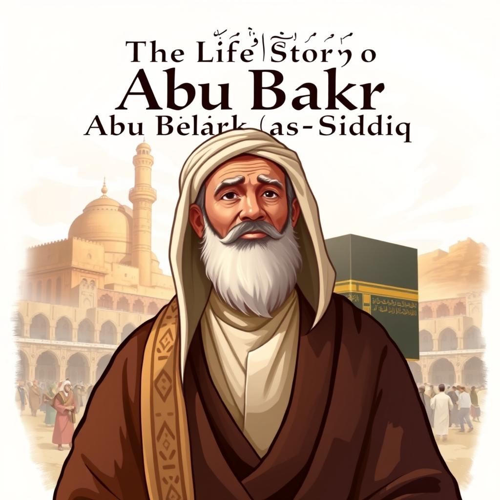 Cover illustration for 'The Life Story of Abu Bakr as-Siddiq', portraying Abu Bakr, the first caliph, symbolizing honesty, kindness, and intelligence