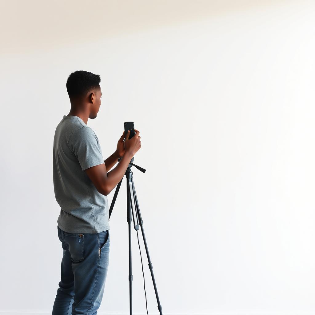 A tall, thin young man with brown skin stands with his back parallel to the camera, holding a large phone to take a photo of a blank wall