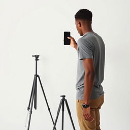 A tall, thin young man with brown skin stands with his back parallel to the camera, holding a large phone to take a photo of a blank wall