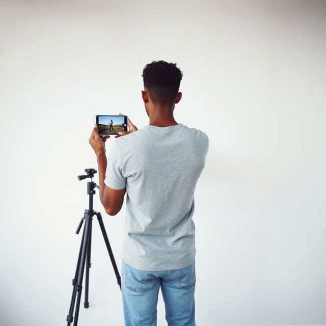 A tall, thin young man with brown skin stands with his back parallel to the camera, holding a large phone to take a photo of a blank wall