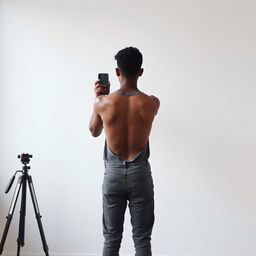 A tall, thin young man with brown skin stands with his back parallel to the camera, holding a large phone to take a photo of a blank wall