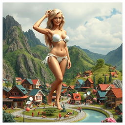 A sexy, blonde, giant woman, 15 meters tall, wearing a bikini, playfully interacting with a miniature village