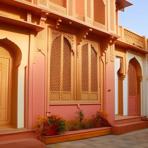 A traditional, intricately designed Indian Desi house with vibrant colors, ornate decorations, and a welcoming courtyard.