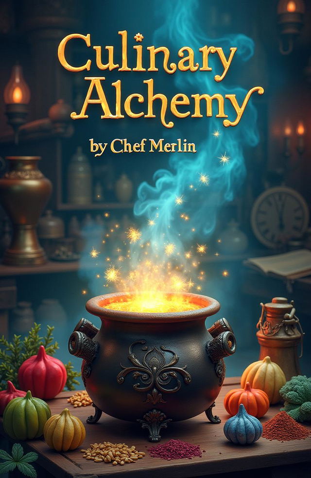 A whimsical and enchanting book cover for 'Culinary Alchemy by Chef Merlin'