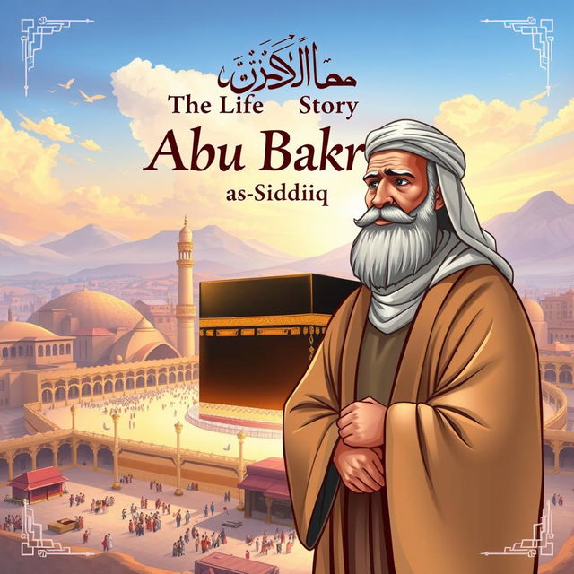 Cover page design for 'The Life Story of Abu Bakr as-Siddiq', featuring Abu Bakr, the revered first caliph known for his honesty, kindness, and intelligence