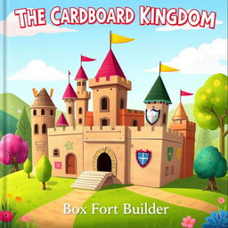 A whimsical and playful book cover for "The Cardboard Kingdom" by Box Fort Builder