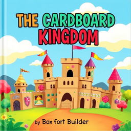 A whimsical and playful book cover for "The Cardboard Kingdom" by Box Fort Builder