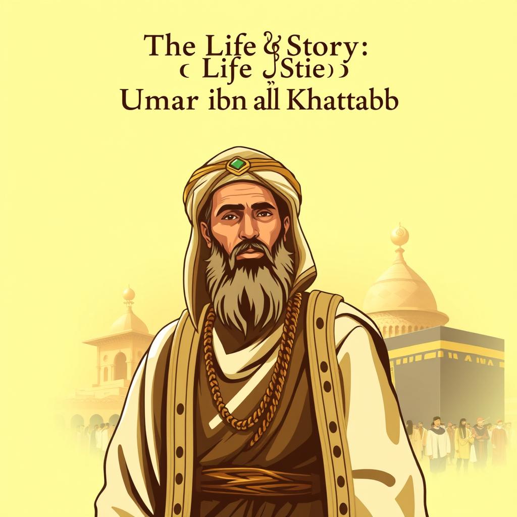 Cover design for 'The Life Story of Umar ibn al-Khattab', depicting Umar, the second caliph, famous for his strength, intelligence, and fierce determination