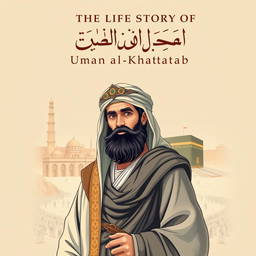 Cover design for 'The Life Story of Umar ibn al-Khattab', depicting Umar, the second caliph, famous for his strength, intelligence, and fierce determination