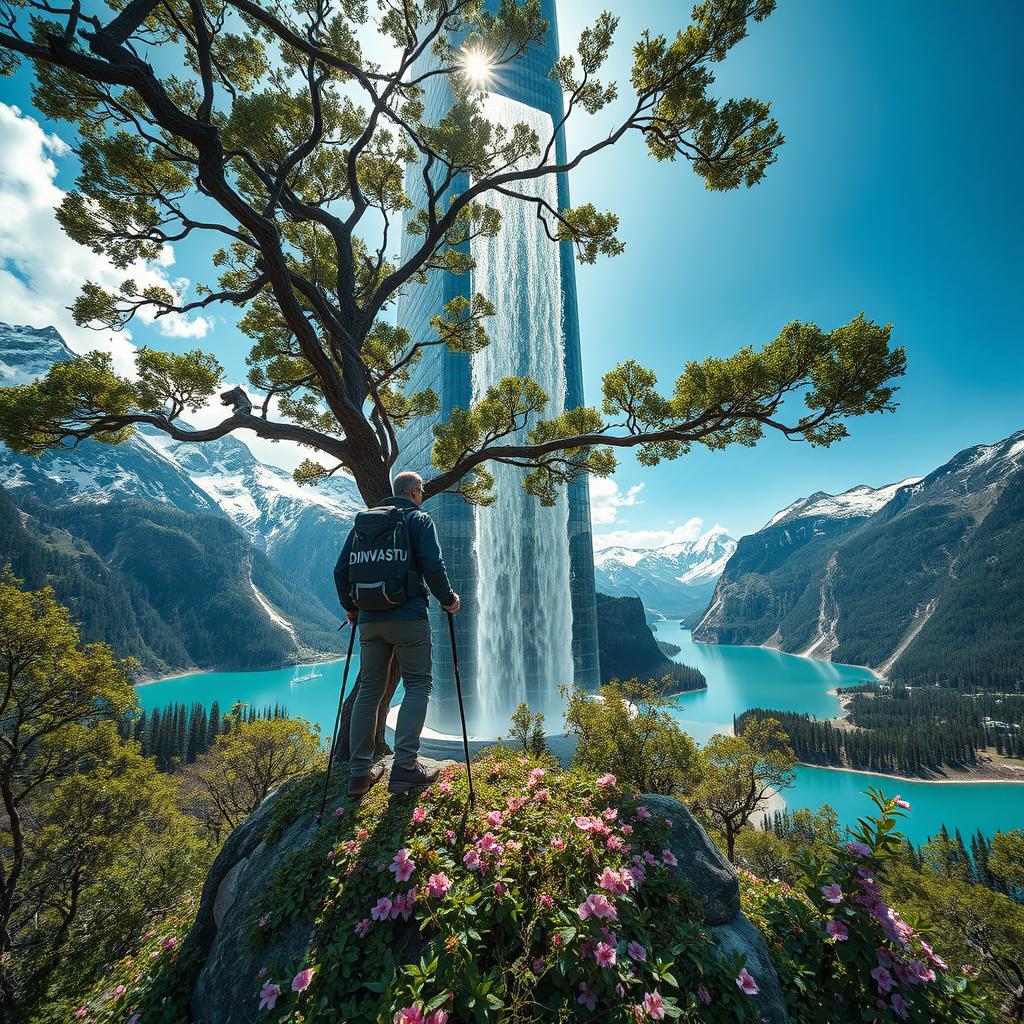 A wide-angle shot capturing a close-up of an architect standing on a flower-covered rock beneath a tree with dense foliage and large flowers