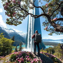 A wide-angle shot capturing a close-up of an architect standing on a flower-covered rock beneath a tree with dense foliage and large flowers