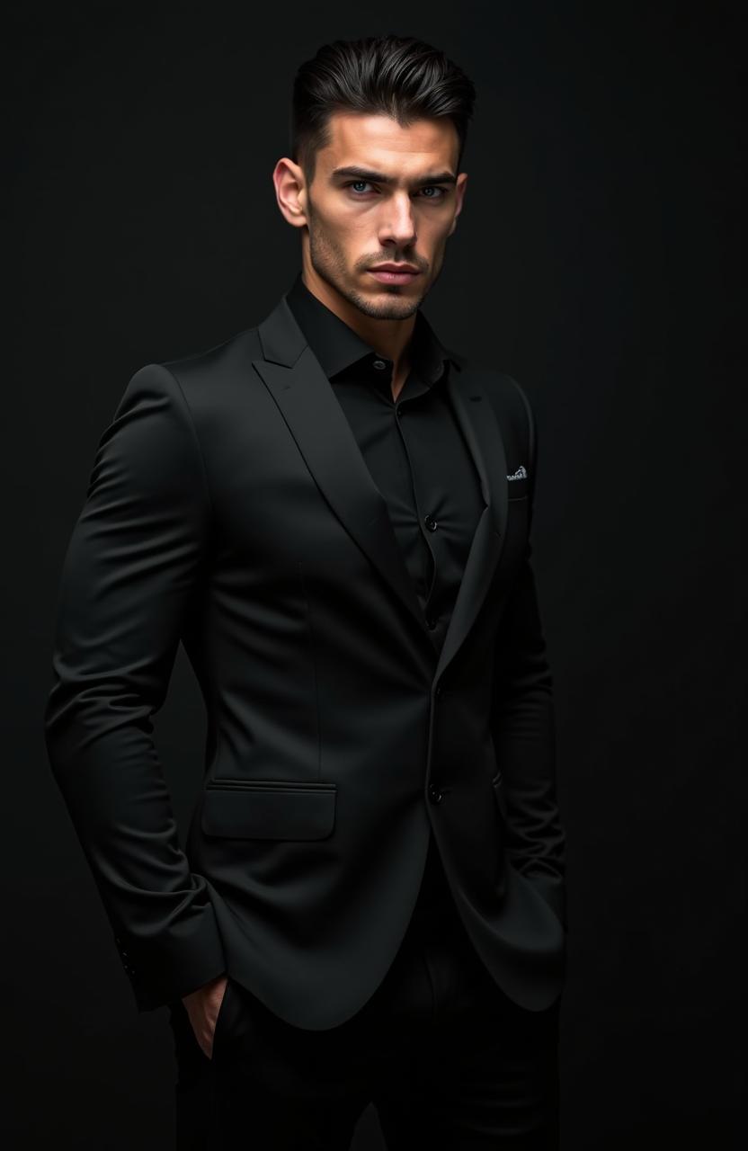 A model-handsome Caucasian man, 35 years old, exuding sophistication and masculinity with a dangerous and sexy allure