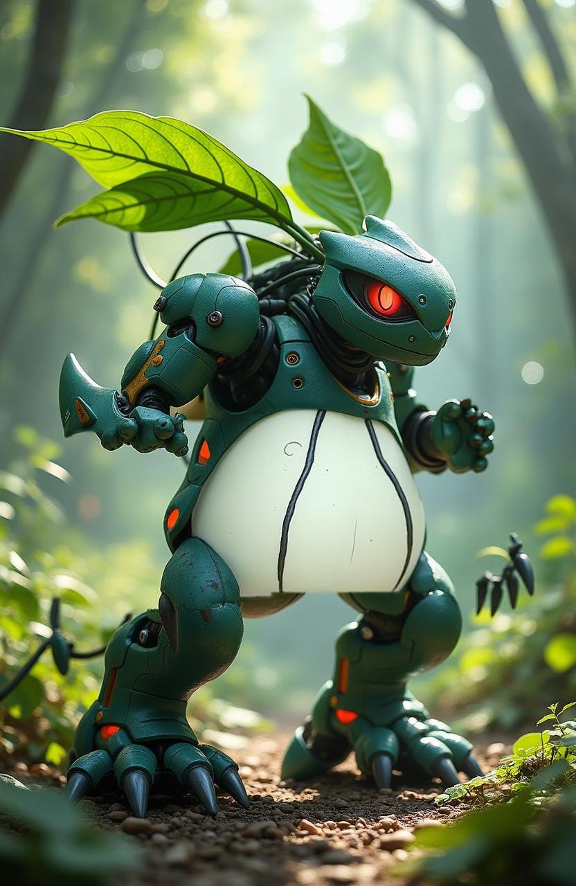 A futuristic mecha resembling the Pokémon Venusaur standing in a vibrant forest